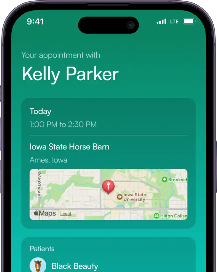 Kreative DocuVet mobile app mockup of single appointment selection screen.
