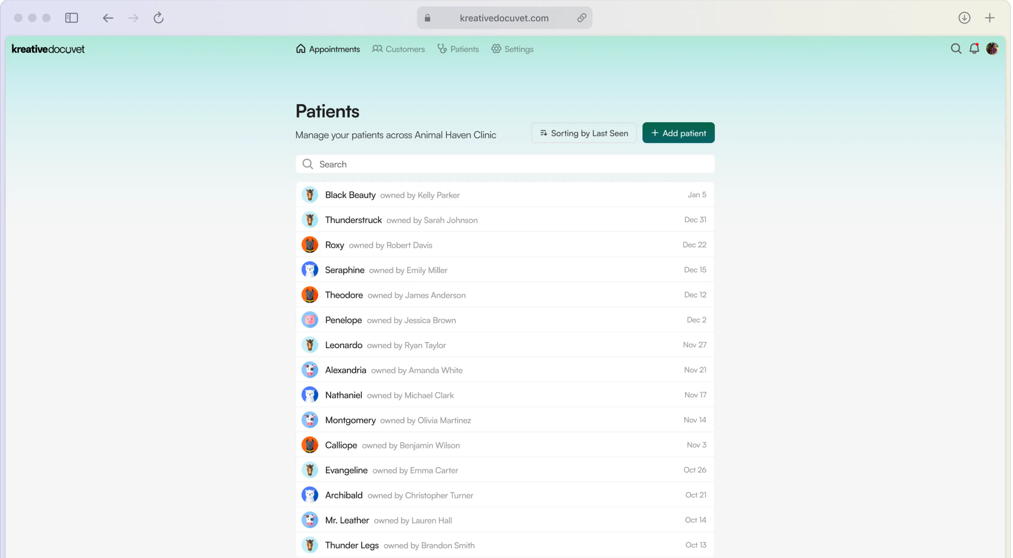 Kreative DocuVet web application mockup of the patients list screen.
