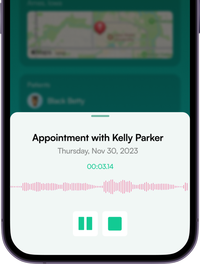 Kreative DocuVet mobile app mockup of appointment recording screen.